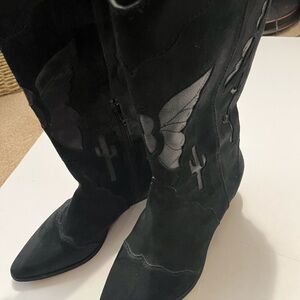 Zodiac Black Heeled Boots with Butterfly and Cactus Design